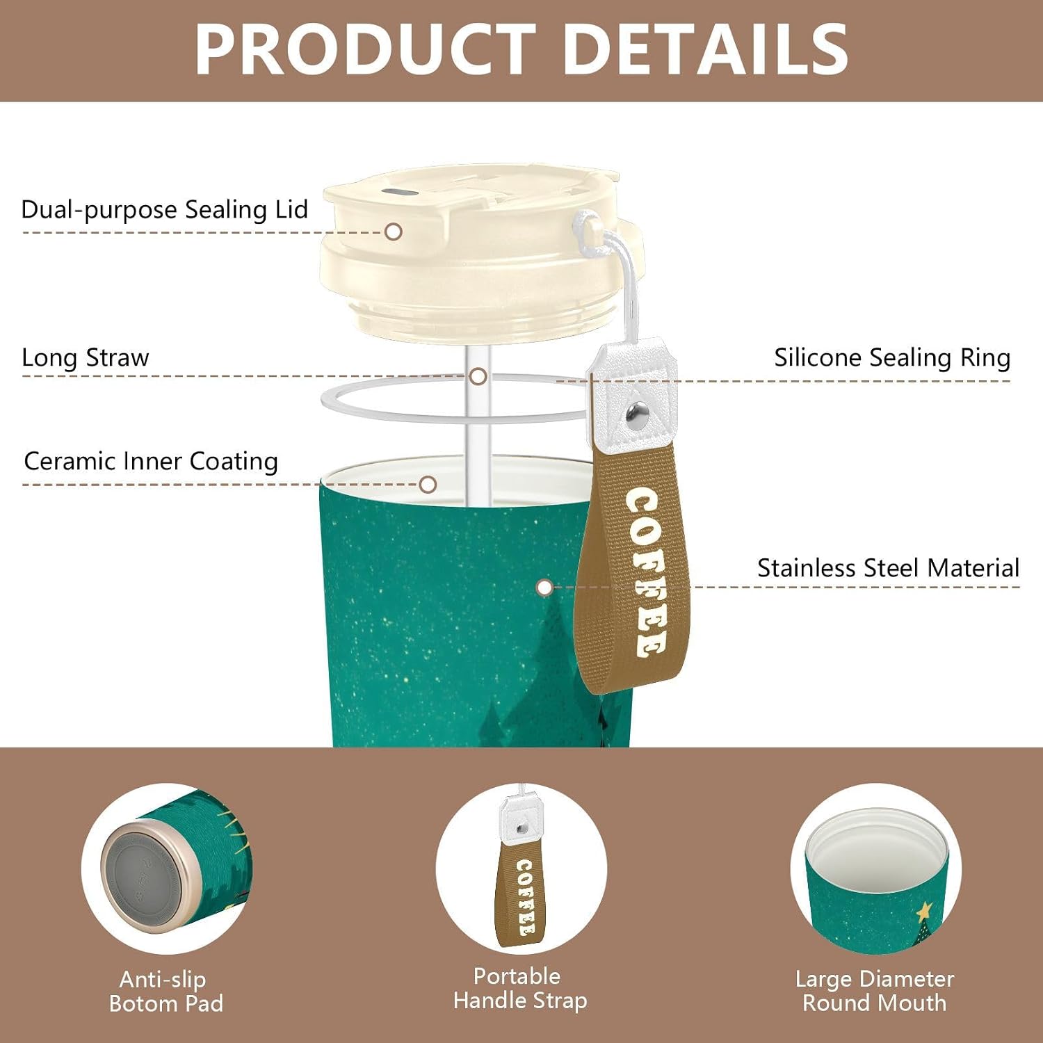 Christmas Tree Deer Insulated Coffee Mug with Straw & Flip Lid, 16.9oz Iced Tumbler Cup, Double Wall Vacuum Mug for Travel Office