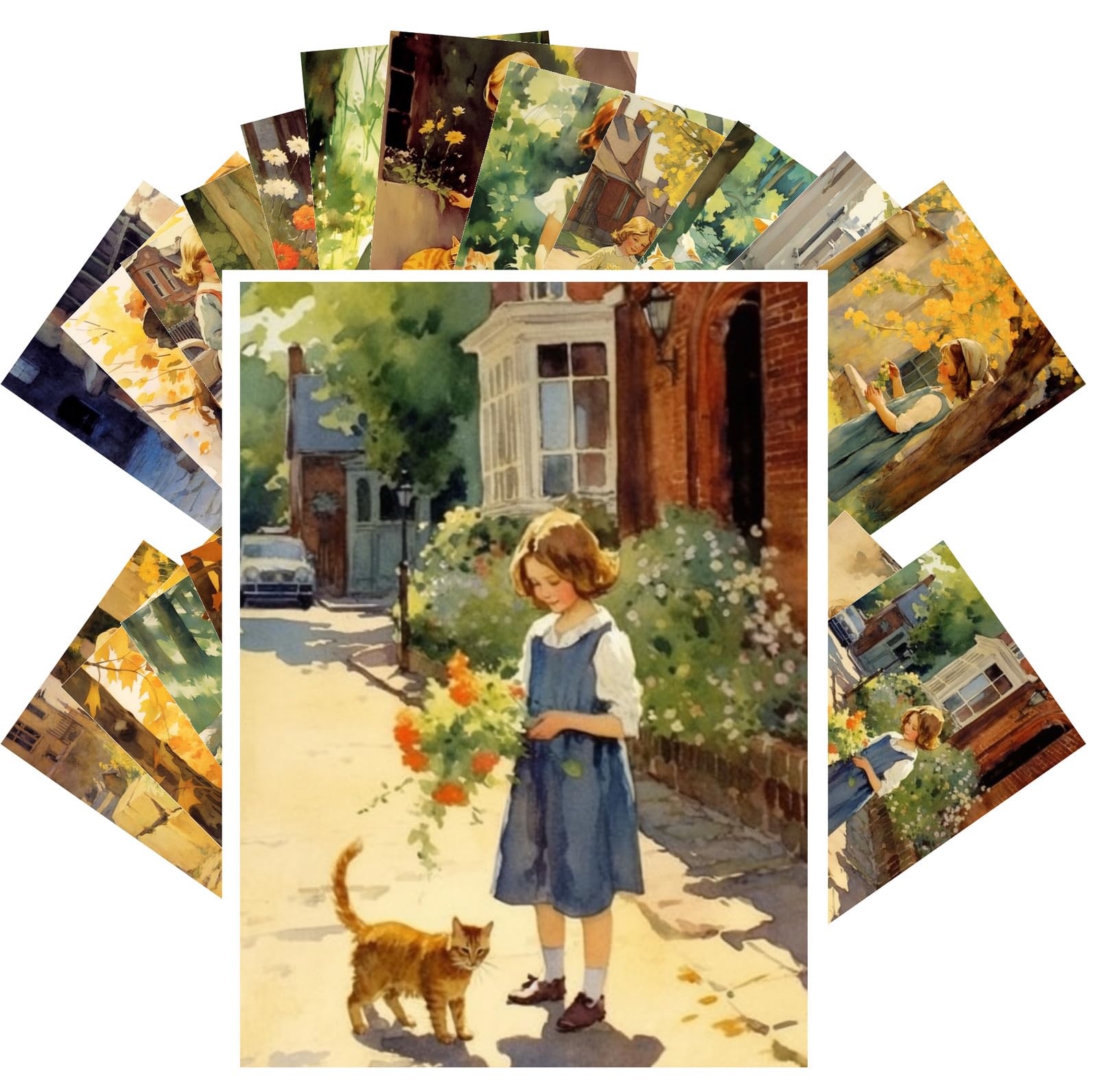 PIXILUV Cherished Moments in Time: Young Girls and Their Cats Friends Amidst the Rustic Charm of Old Town Streets - A Nostalgic Vintage Postcard Collection