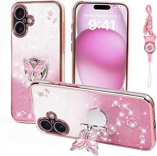 Miniatura 15 de Funda protectora para Apple iPhone 14 (6.1 pulgadas), para mujeres y niñas, funda protectora de TPU con diseño floral de mariposa con purpurina y