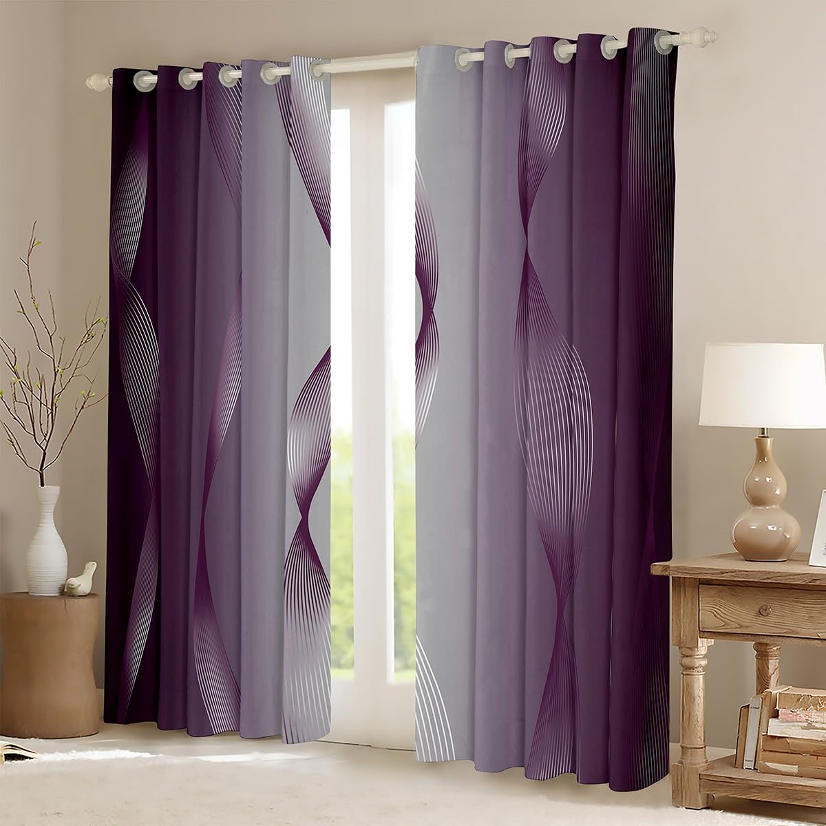 Homewish Gradient Purple and Greyish White Blackout Curtains Ombre 2 Panels 46" Wx72 L Curtains & Drapes,Trippy Spiral Silver Wave Line Curtains,Abstract Art Room Decor Aesthetic - Image 2