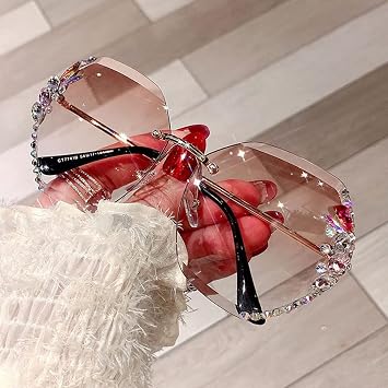 Woman Rimless Diamond Sunglasses,Polygonal Sunglasses UV Protection,Handmade Diamonds Gradual Trend Party Eyewear