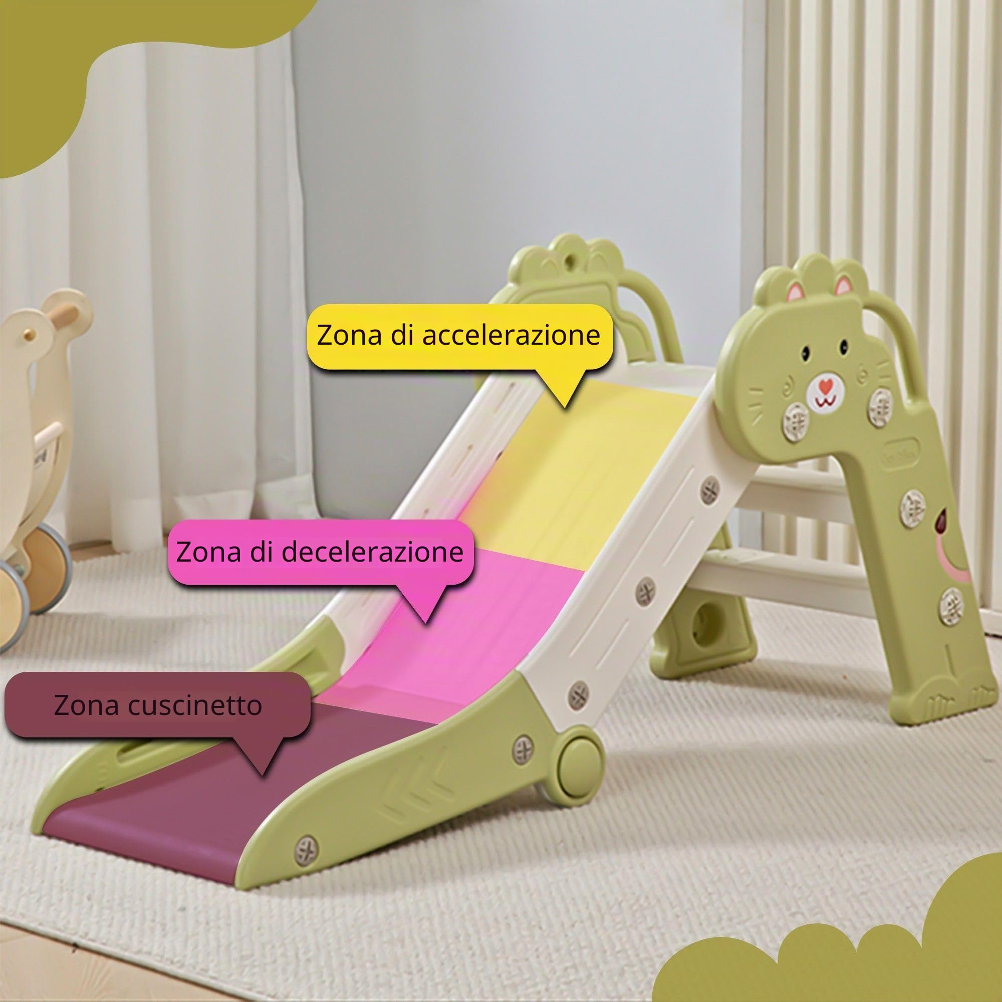 Scivolo per Bambini da Esterno e Interno Pieghevole 1-4 Anni - Certificato CE, Struttura Stabile, Gradini Antiscivolo, Montaggio Rapido, Salvaspazio, 112x49x55 cm, Verde/Bianco
