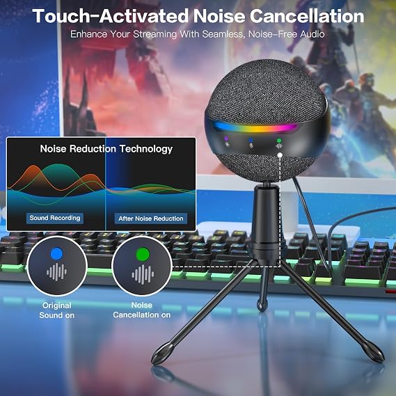ZealSound Podcast USB Microphone for PC/iPhone, Noise-Canceling Gaming Mic with Touch Mute, Echo & Volume Gain Control, Real-Time Monitoring, Podcast, ASMR, YouTube, Discord, Twitch