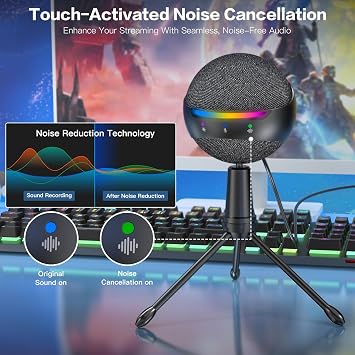 ZealSound Podcast USB Microphone for PC/iPhone, Noise-Canceling Gaming Mic with Touch Mute, Echo & Volume Gain Control, Real-Time Monitoring, Podcast, ASMR, YouTube, Discord, Twitch