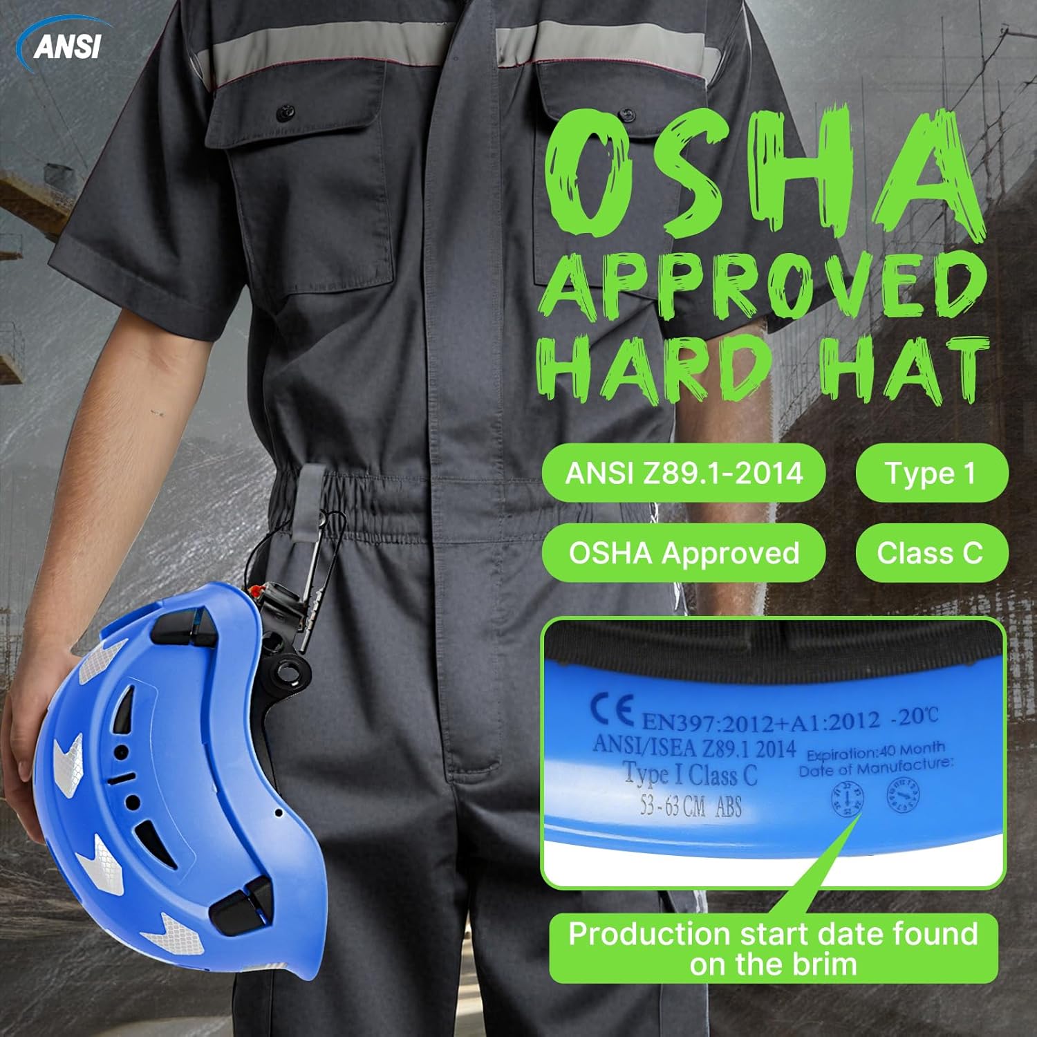 AOLAMEGS Construction Safety Hard Hat - ANSI Z89.1 Type Ι OSHA Approved Safety Helmets with Chin Straps Lightweight Reflective Vented ABS Hard Hats For Men Women Industrial Workwear 6-point Suspension