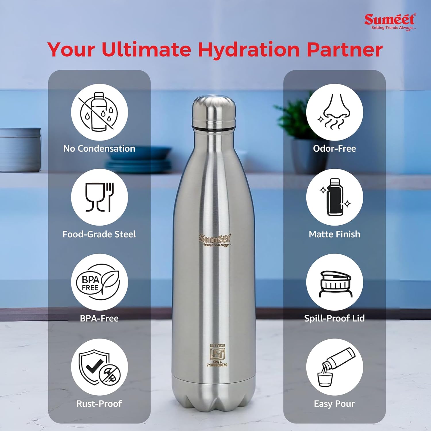 Sumeet Stainless Steel Double Walled Vacuum Flask/Water Bottle, 24 Hours Hot and Cold, 1000 ml, Silver