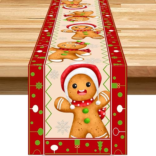 Camino de mesa de Navidad de pan de jengibre de 13 x 72 pulgadas, color rojo, vintage, Papá Noel, copos de nieve, camino de mesa de invierno,