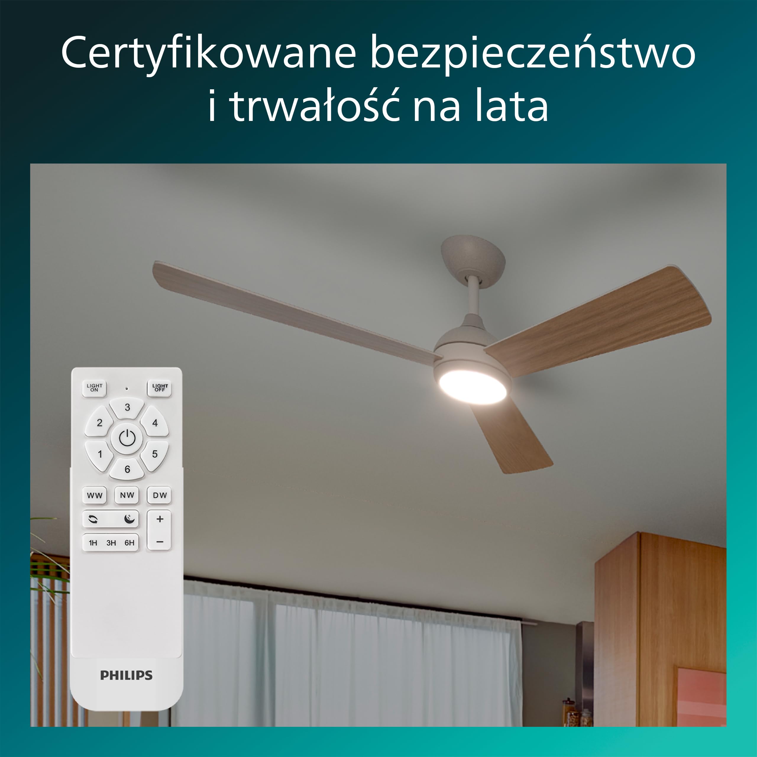 Wentylator Sufitowy Philips Civx LED, 3 Łopatki, Średnica 132 cm, 2500 Lumenów, Trzy Odcienie Białego Światła (3000 K / 4500 K / 6500 K), Ściemnianie do 10%, Pilot, Biały/Jasne Drewno