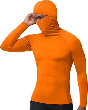 Mens Compression Shirt Hoodie with Mask, Long Sleeve Athletic Base Layer Top, Cool Dry Workout Sports Undershirt