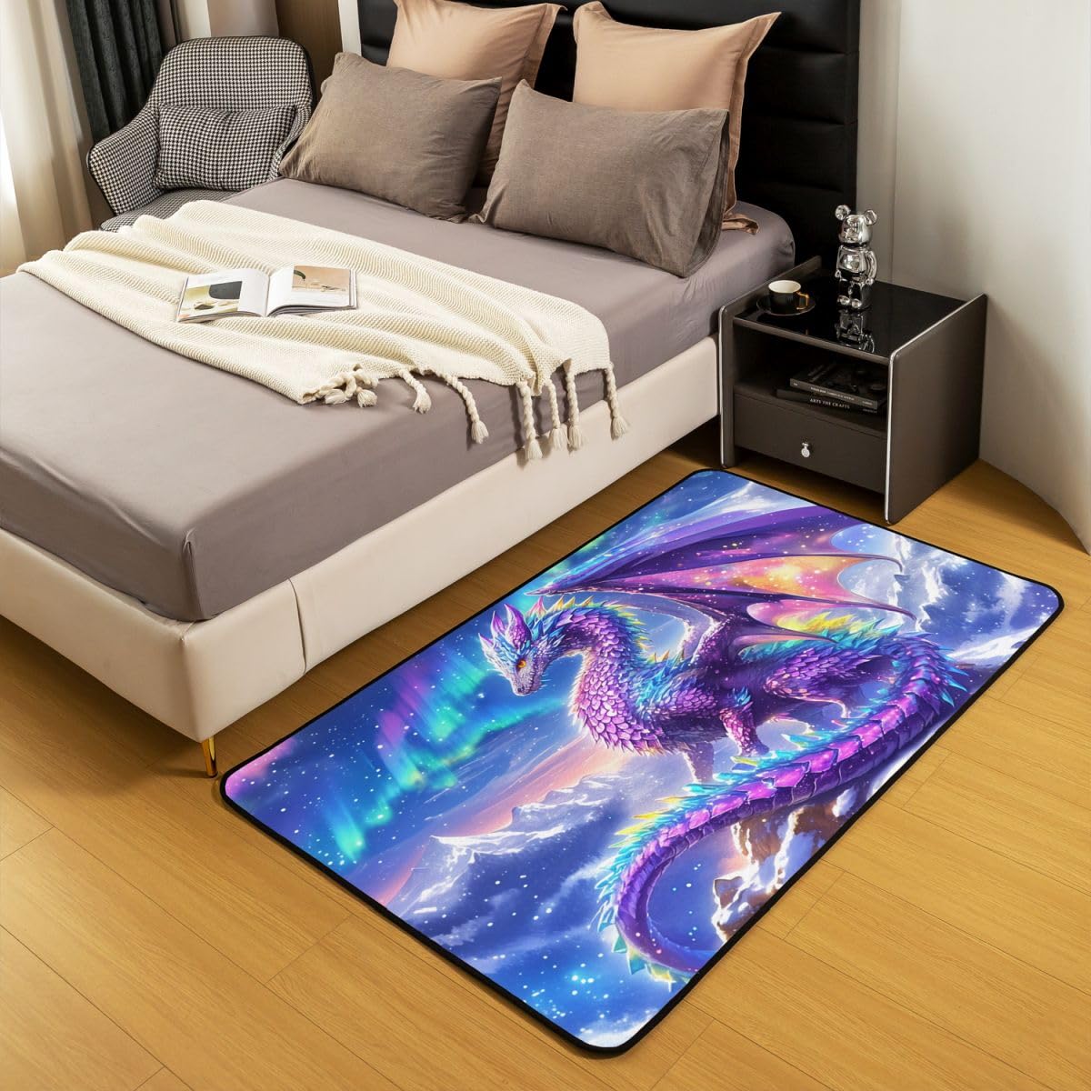 Lila Drache Wohnzimmer Teppich 100x150cm Märchen westliches Tier Thema Schlafzimmerbereich Teppich für Kinder Teens Himmel Sternenberge Indoor Matte Heimdekor