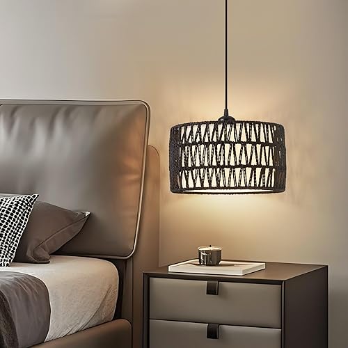 Miniatura 5 de Lámpara colgante enchufable, luces colgantes de ratán con cable enchufable, pantalla tejida y de tela 2 en 1, lámpara colgante enchufable para