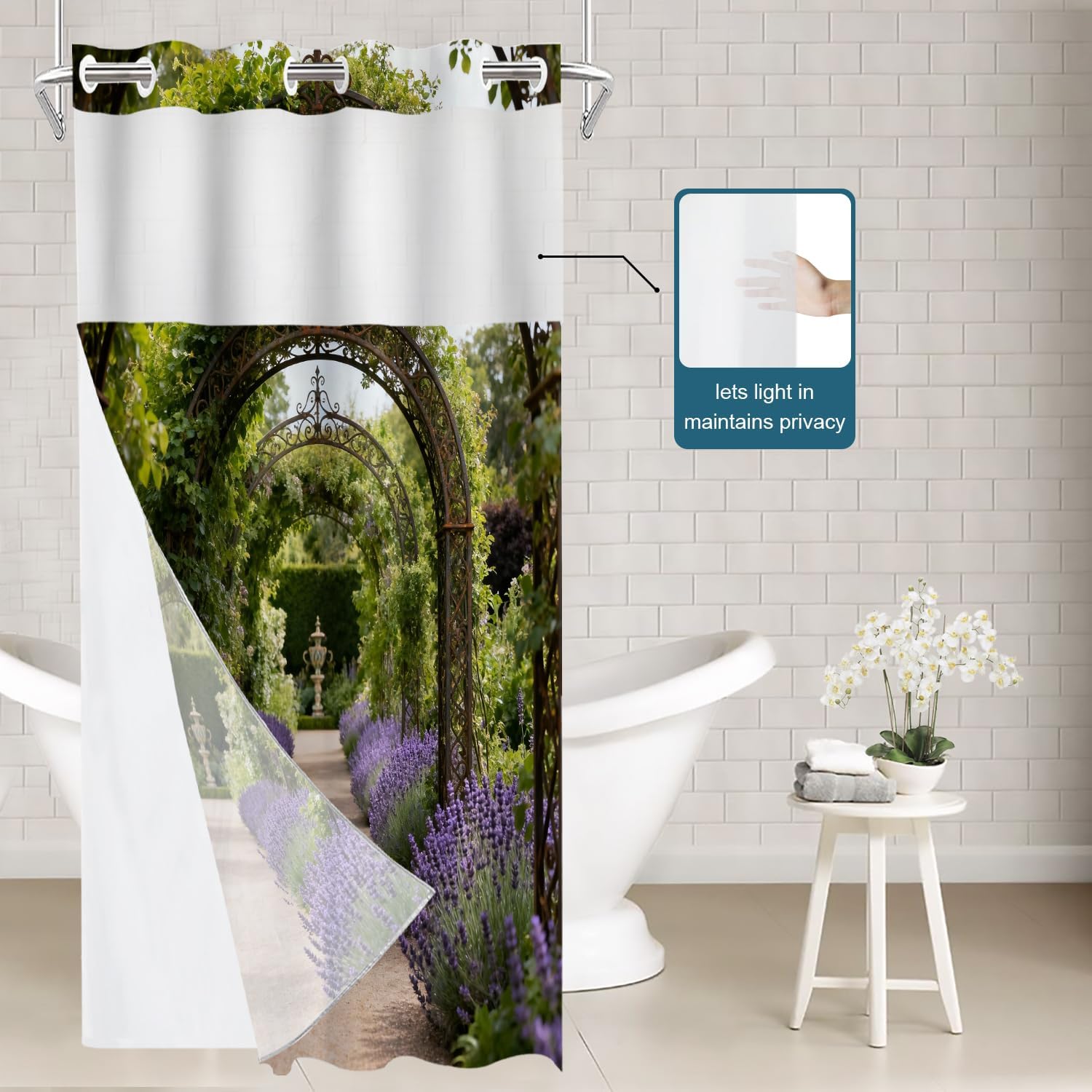 Batmerry Colorful England Summer No Hooks Shower Curtain with Snap in Liner Set, Flower Garden Path Archway Painting Bathroom Decor Polyester Quick-Drying Waterproof for Bathtubs, 35.5X74 in
