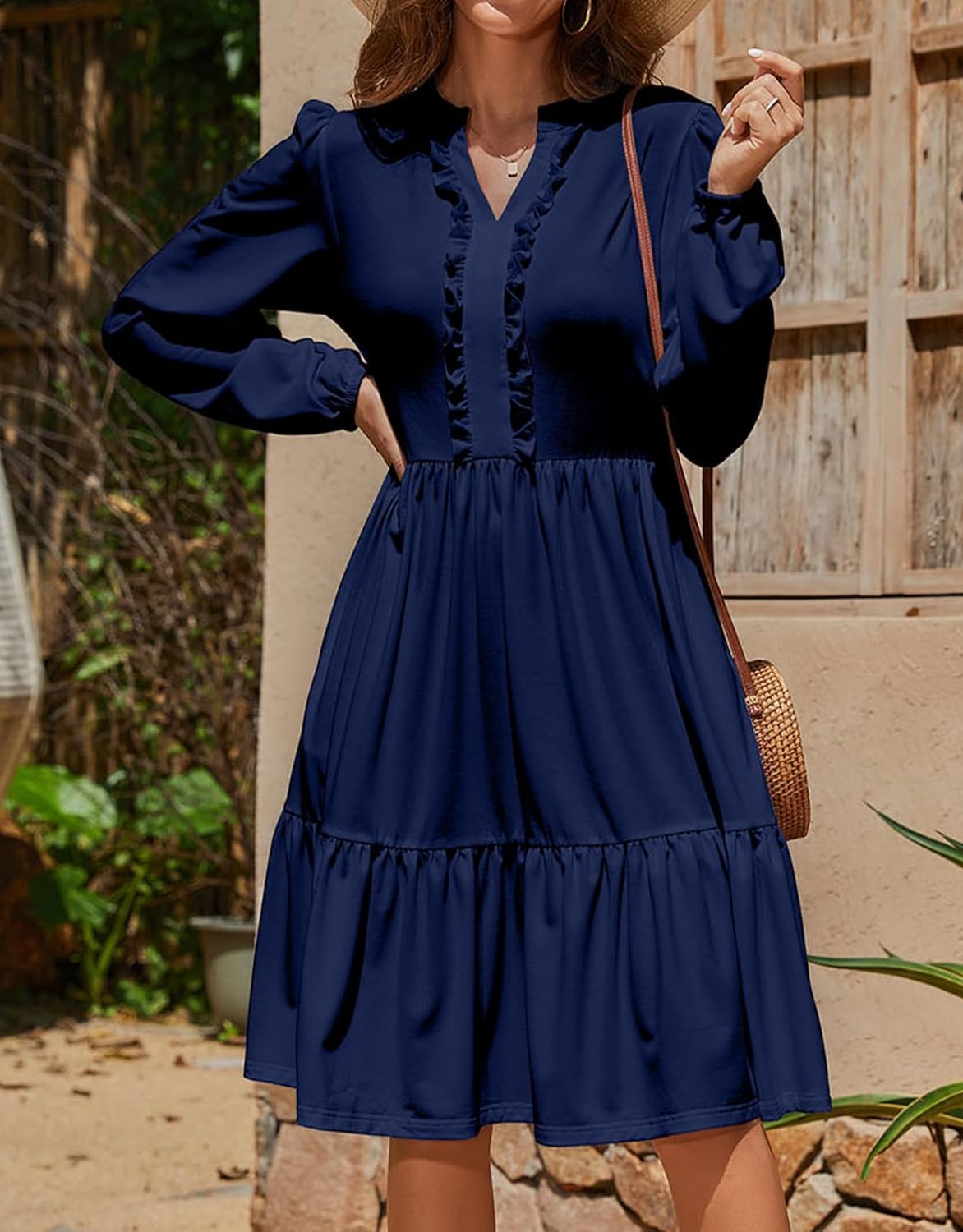 Womens Fall Boho Dresses 2025 Lightweight Long Sleeve Ruffle V Neck Tiered Boho Vacation Long Dresses with Pockets - Image 3