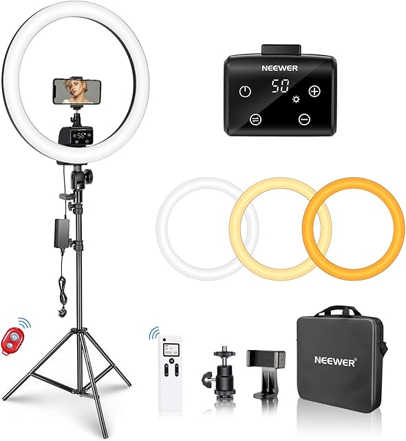 Neewer Advanced 18-inch LED Ring Light Support Manual Touch Control with LCD Screen, 2.4G Remote and Multiple Lights Control, 3200-5600K, Stand Included for Makeup YouTube Video Blogger Salon (Black)