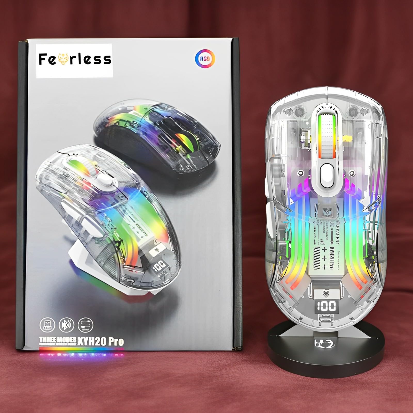 Rechargeable Wireless Gaming Mouse | Transparent RGB Superlight Ergonomic 2.4 GHz Wireless Mouse with 4000 DPI | Gaming Mice with Magnetic charging base and Digital Display (Crystal White)