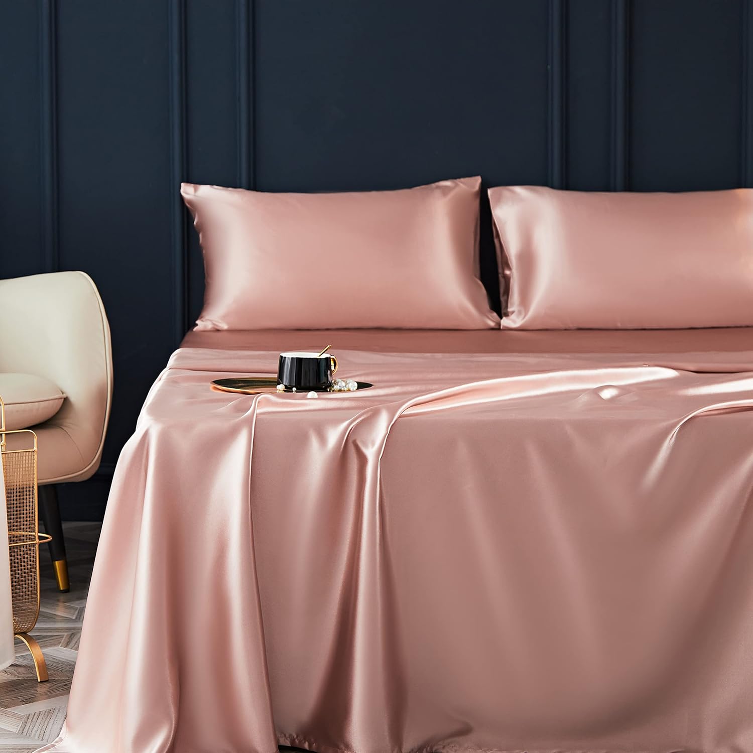 Koreyoshi 4 Pcs Satin Sheets Queen - Silk Silky Super Soft Extra deep Pocket Queen Sheet Sets - Wrinkle & Fade Free - Deep Pocket Fitted Sheet, Flat Sheet, Pillow Cases (King, Pink Champagne) : Home & Kitchen