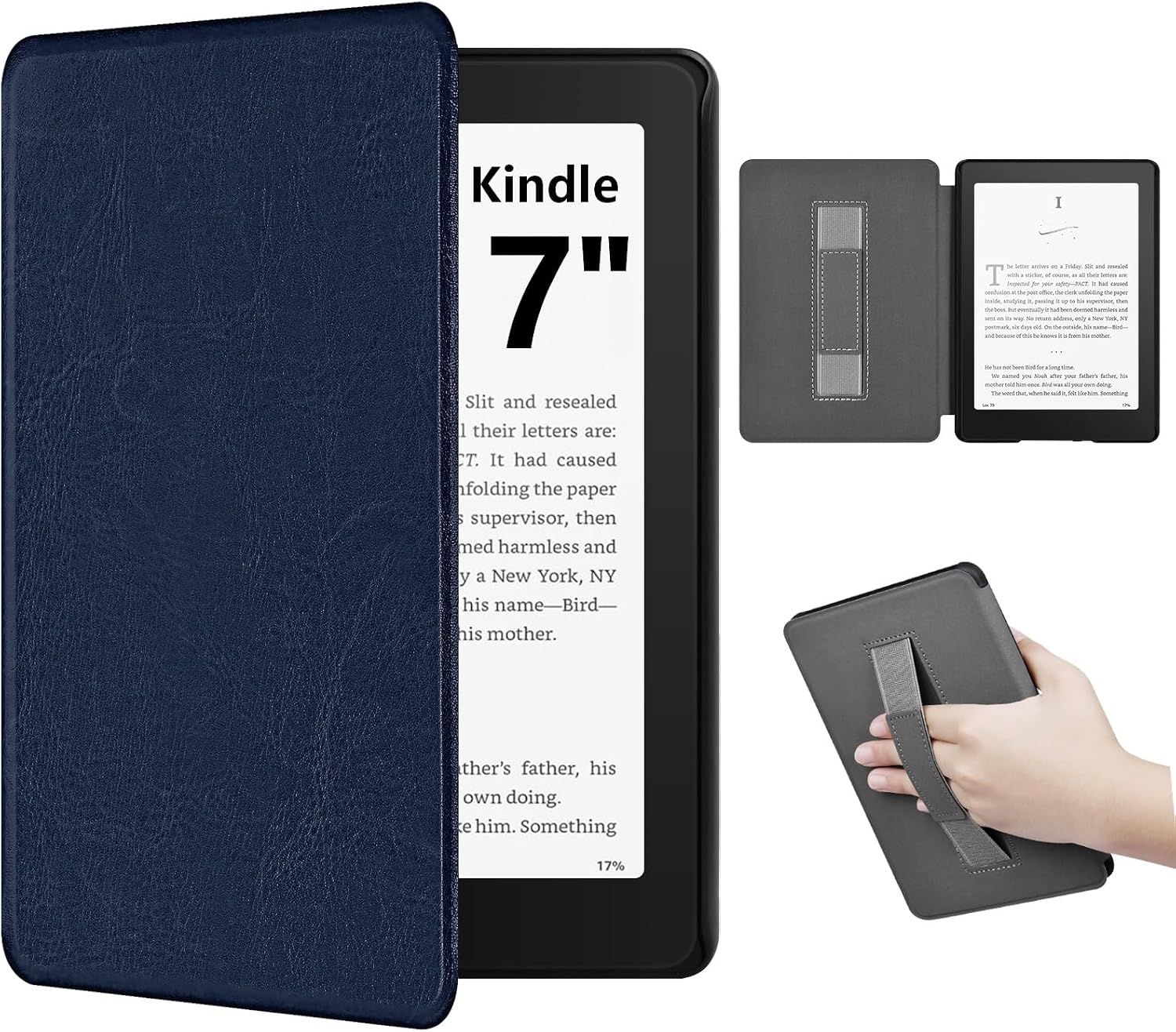 Case for 7 inch Ebook Reader 2024 e-Reader Cover 7", Lightweight Premium PU Leather Case Cover with Hand Strap, Auto Wake/Sleep for 7 Inch Ebook Reader Case, Dark Blue