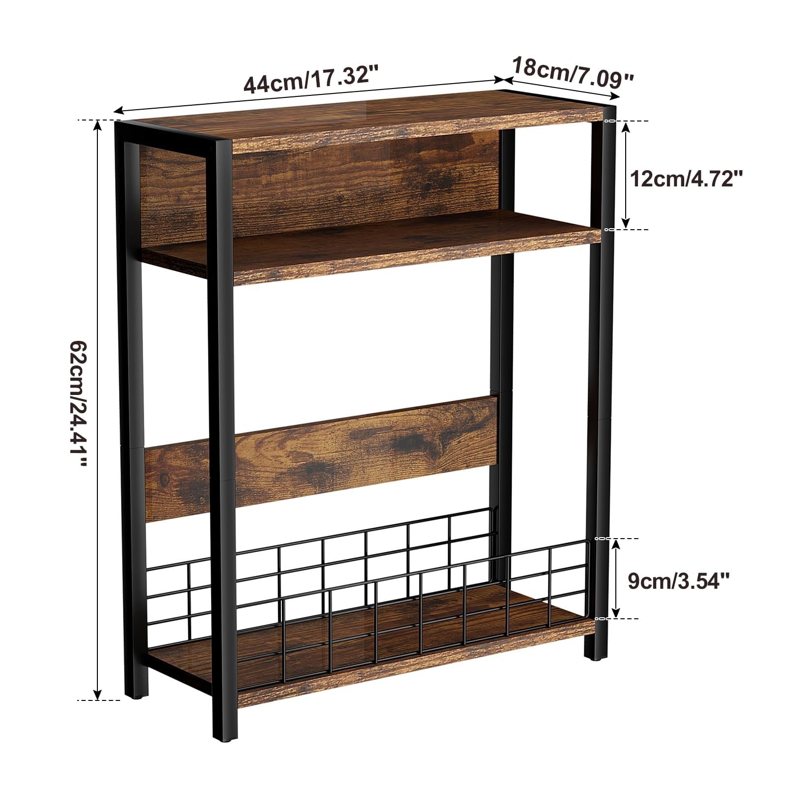 IBUYKE Table Fine à 3 Niveaux avec étagère de Rangement,Table d'appoint avec Porte-revues pour Les Petits espaces,Bout de canapé de Style Industriel, Table de Chevet pour Salon, Chambre,Brun TMZ001H
