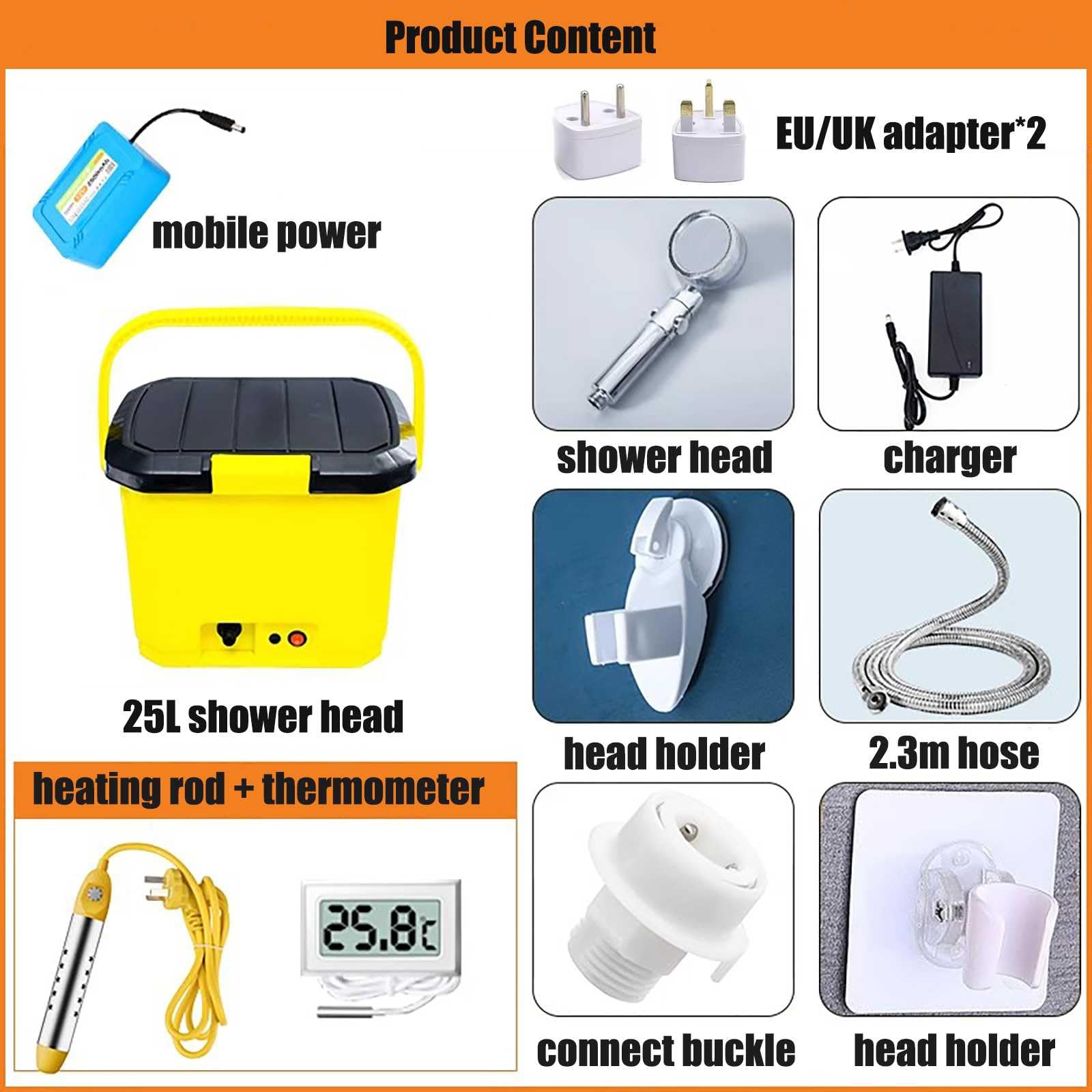 Douche Portable GLHYUOP USB-C Rechargeable - 6000mAh, 2500W, 8L/min - Camping, Jardin, Plage - Avec Tige Chauffante