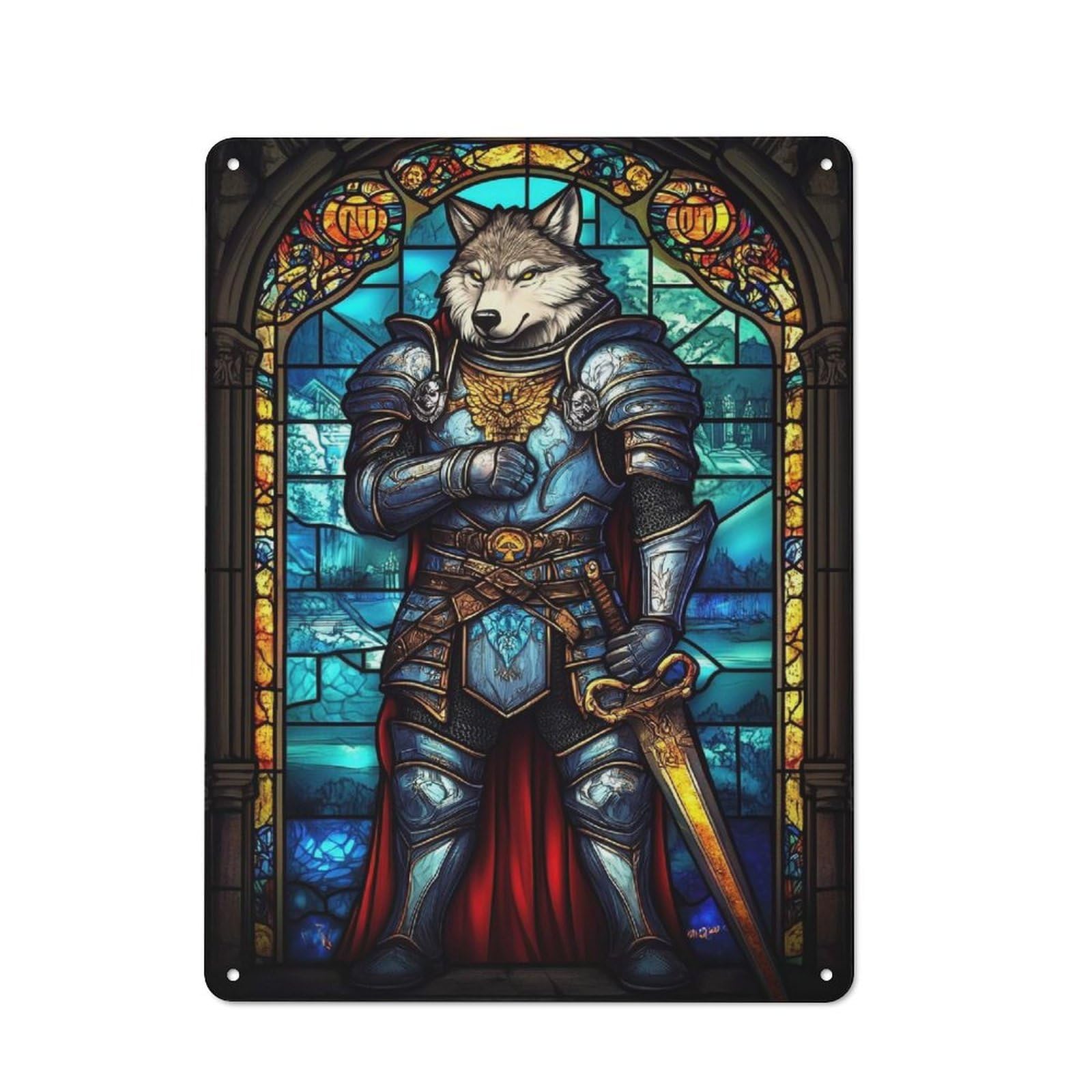 Wolf Knight Stained Glass Office Metal Sign 40x30cm, Understated Office Wall Decor for Workspace, Cafe, Shop Or Desk Area