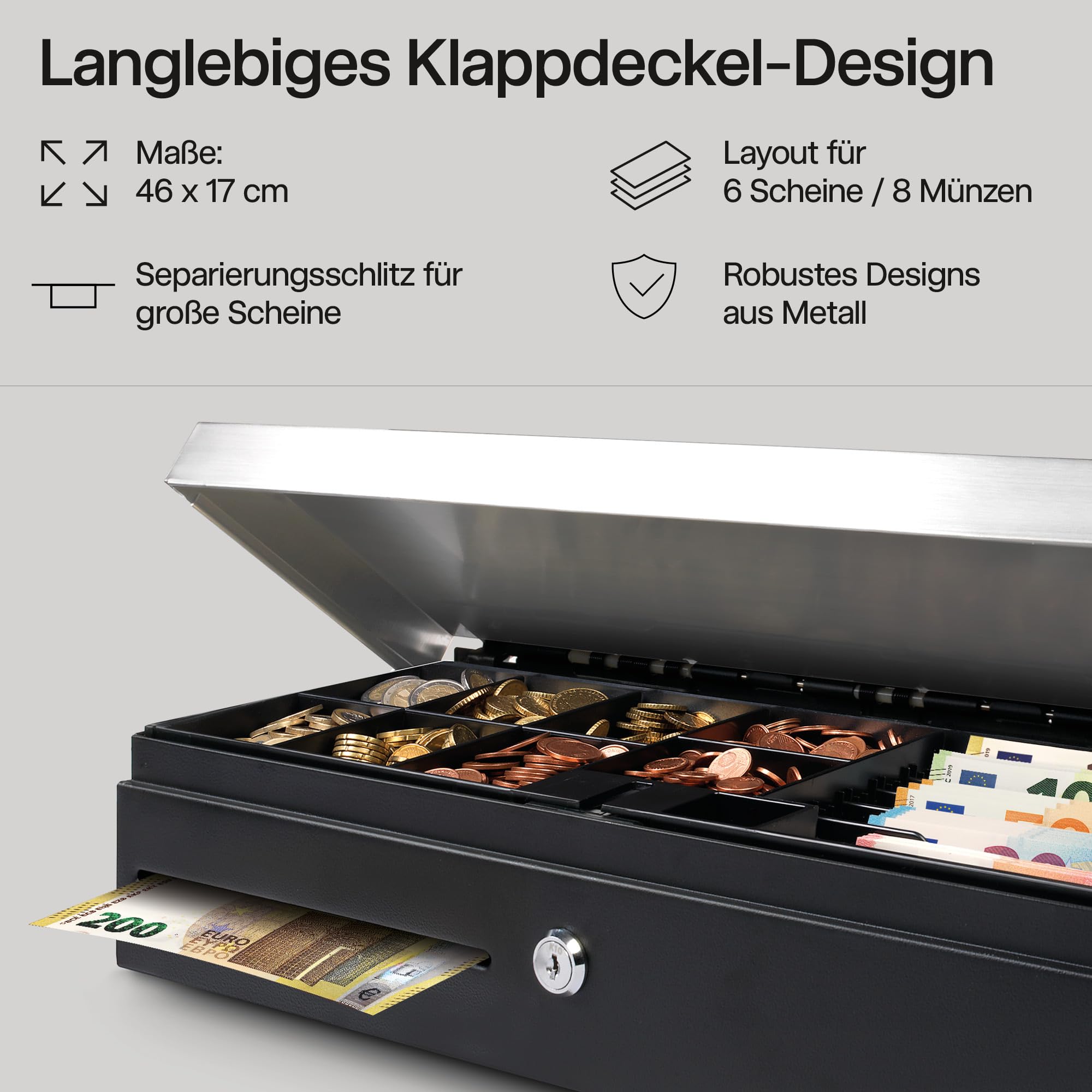 Safescan SD-4617S Klappdeckel-Kassenlade mit 6 Fächern für Banknoten und 8 für Münzen - Kassenlade mit RJ-12 Anschluss (z.B. Registrierkasse) - Solide Kassenlade von 46 x 17 x 10 cm