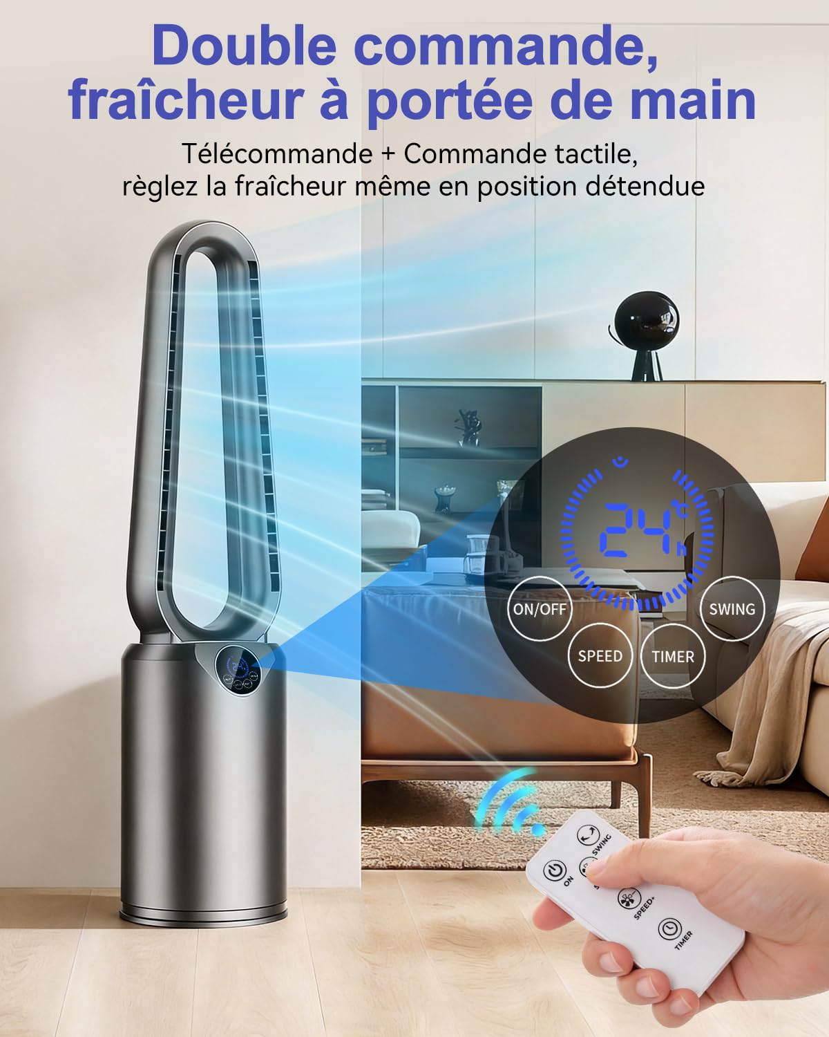 Ventilateur Colonne Sans Pales 85 cm - Ventilateur Tour Silencieux 20dB avec 24 Vitesses, Vitesse Maximum 9,7 m/s, Oscillation à 90°, Minuterie 12H, Télécommande et Tactile pour Grande Chambre