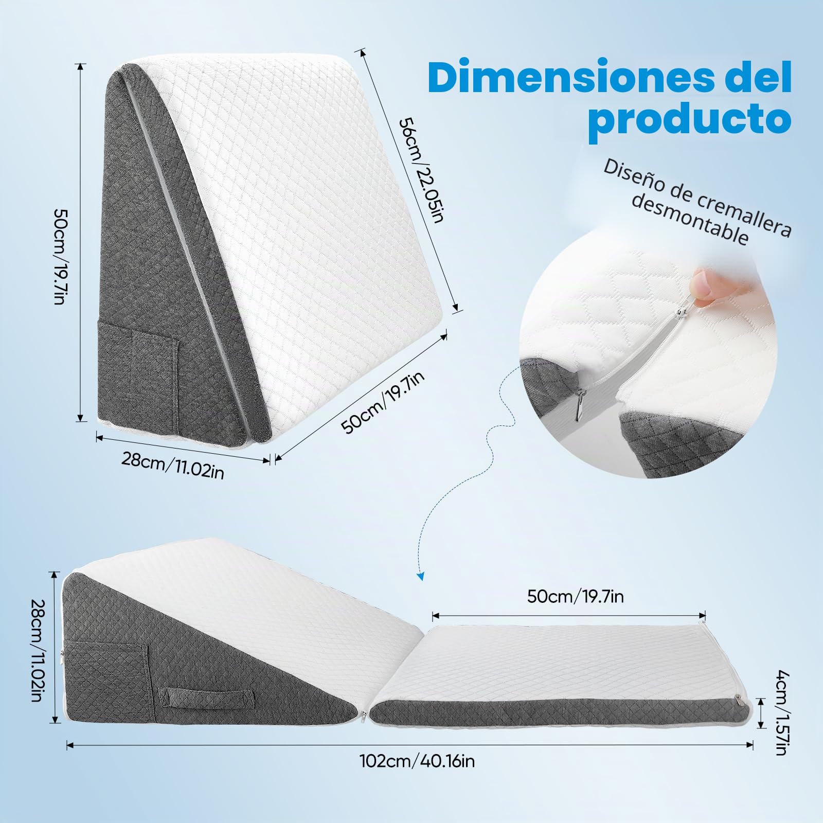 Almohada de cuña para cama y sofá con espuma viscoelástica, 50 x 50 x 26 cm - Almohada de descanso ajustable en altura, almohada de lectura para sofá/cama, para asiento y piernas, funda lavable