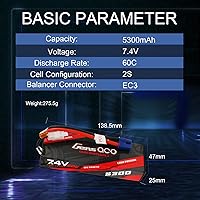 Vista 2 de Gens ace 2S Lipo Batería 7.4V 5300mAh 60C Lipo Batería Pack 24 # con EC3 Plug y Deans Adaptador para Coche RC