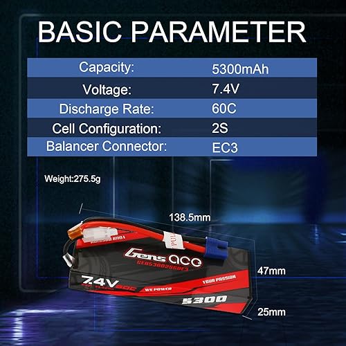 Miniatura 2 de Gens ace 2S Lipo Batería 7.4V 5300mAh 60C Lipo Batería Pack 24 # con EC3 Plug y Deans Adaptador para Coche RC