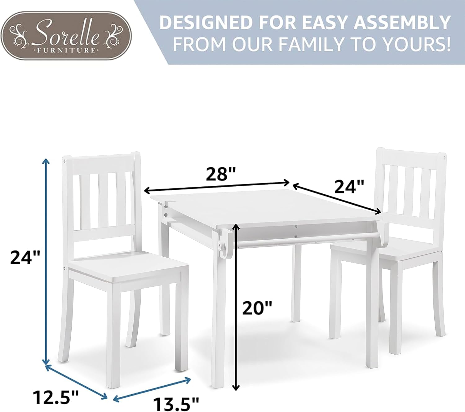 Sorelle Furniture Kids Wood Table and Chair Set (2 Chairs Included) -Imagination Table Ideal for Arts & Crafts, Snack Time, Toy Table & More –Childrens Furniture Sets-White