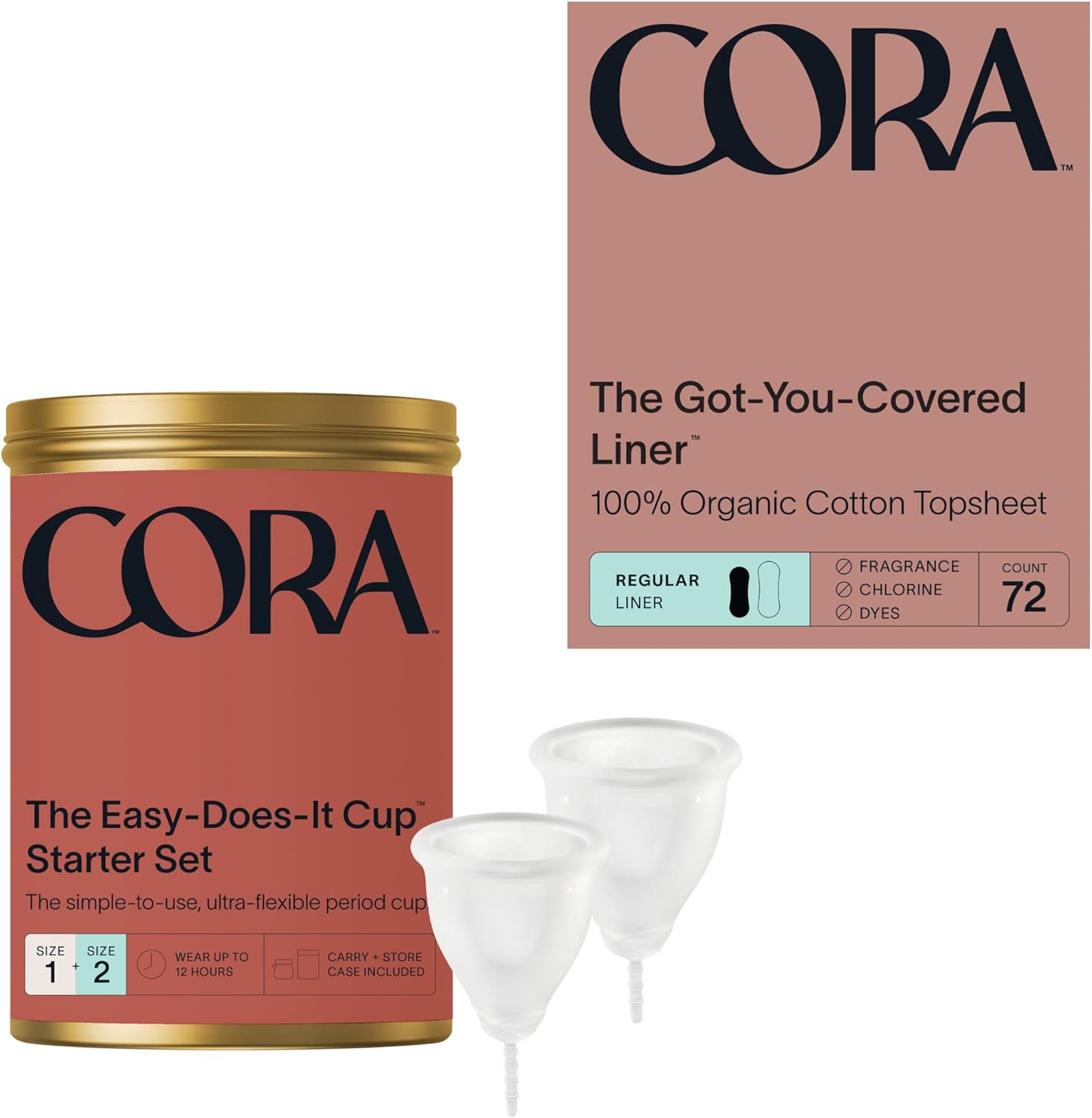 Cora Menstrual Cup Sizes 1 & 2 + Cora Organic Period Liners