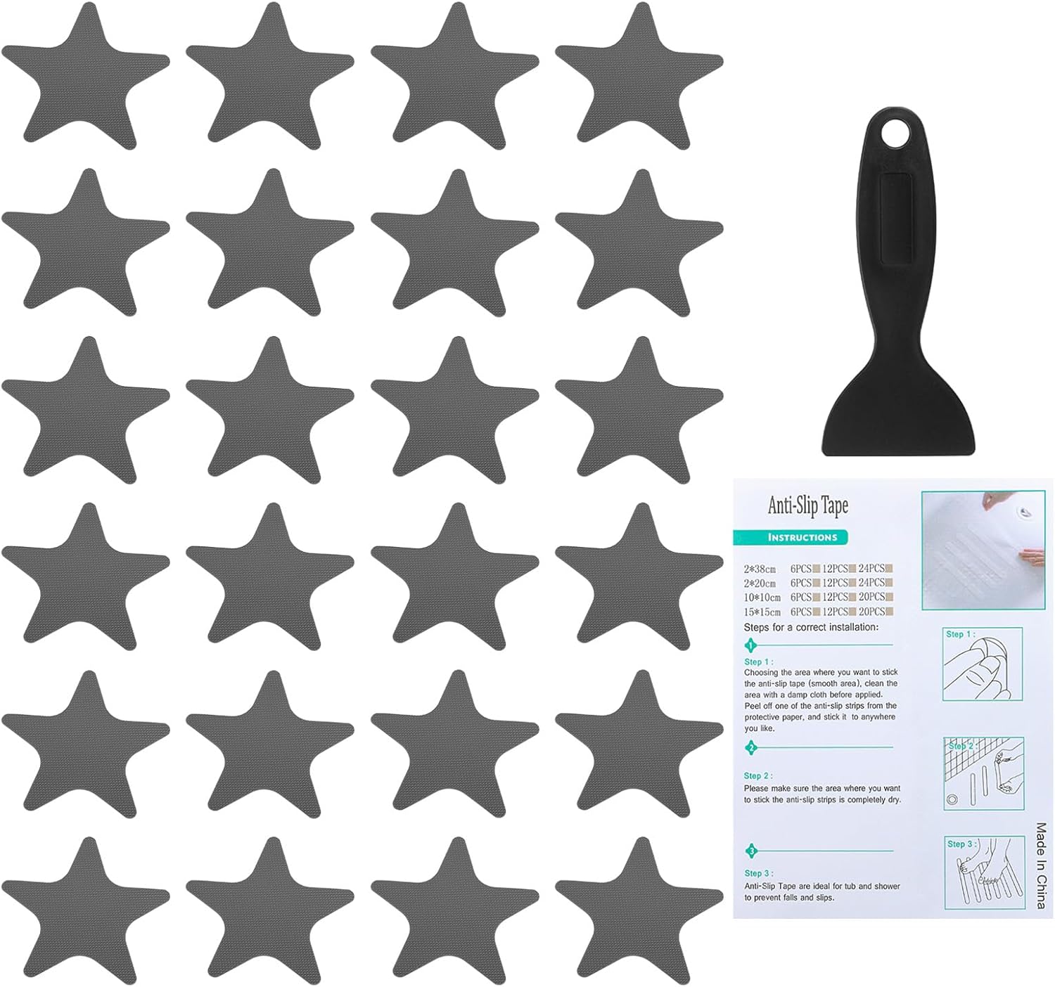 PATIKIL Bathtub Non Slip Stickers 4.13x4.13 Inch, 24 Pack Star Safety Shower Floor Anti Slip Stickers with Adhesive Decals Scraper for Bath Tub Shower Floor Stair, Gray