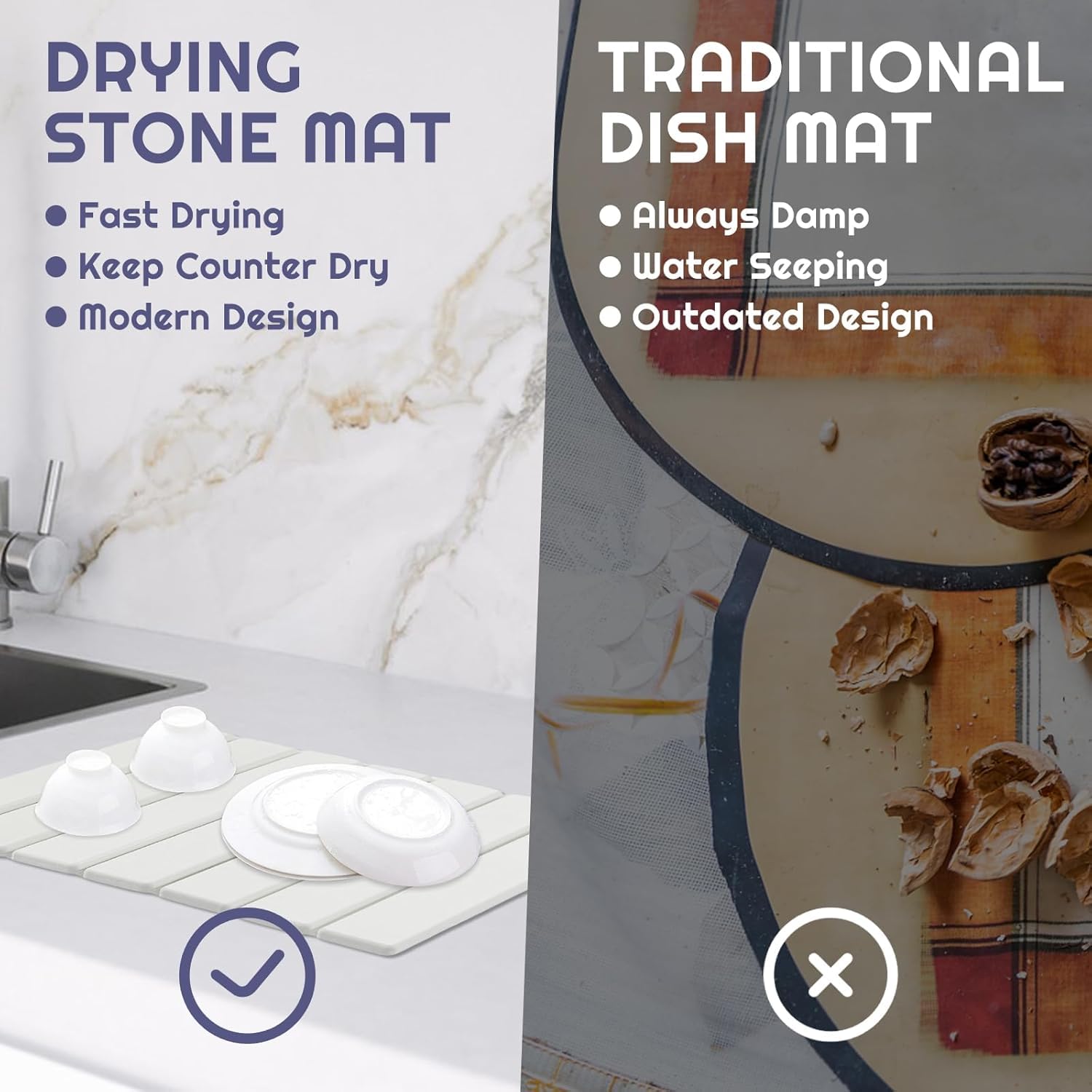 Lot de 2 tapis de séchage en pierre pour comptoir de cuisine, tapis de séchage à vaisselle pliables, séchage rapide et super absorbant, tapis en terre de diatomite pour égouttoir à vaisselle