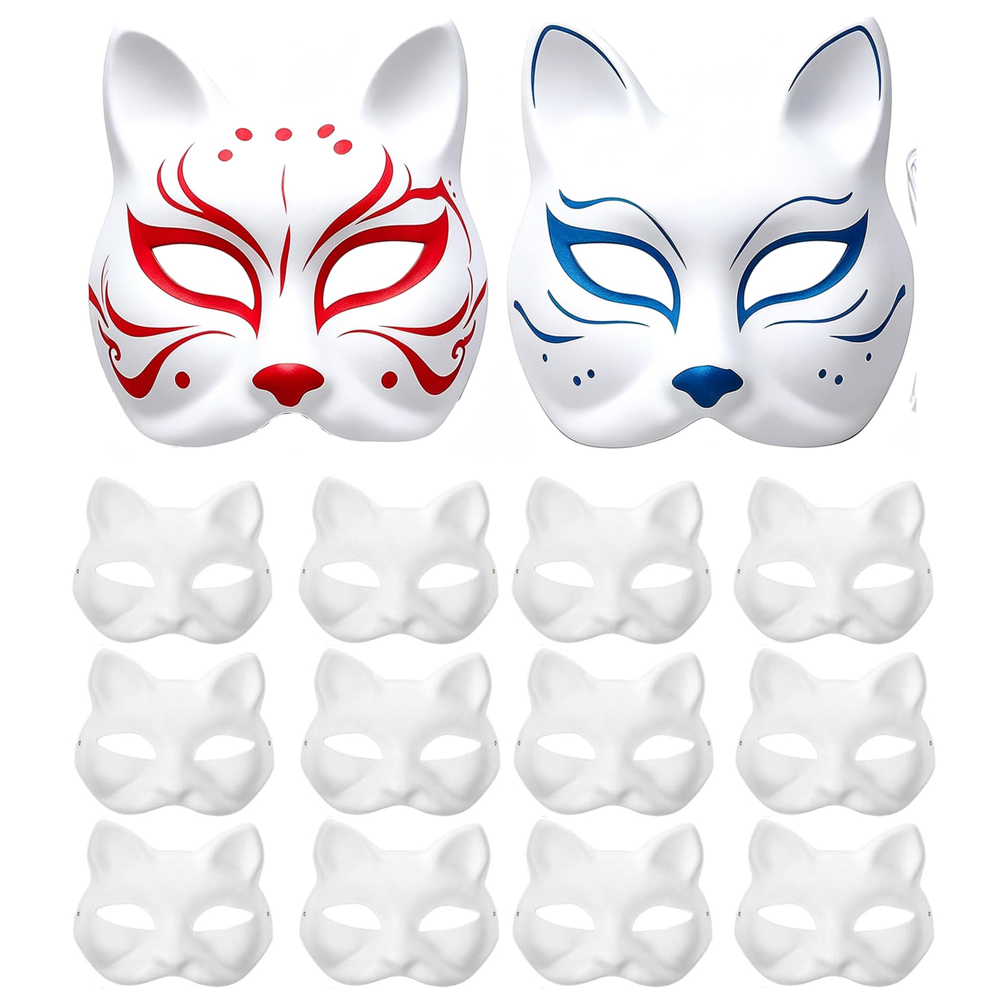 QJQJV 12Pcs Cat Masks to Decorate, Therian Pure White Paper DIY Blank Fox Hand-Paintable Anime Half Face Masks for Masquerade Carnival Cosplay Halloween