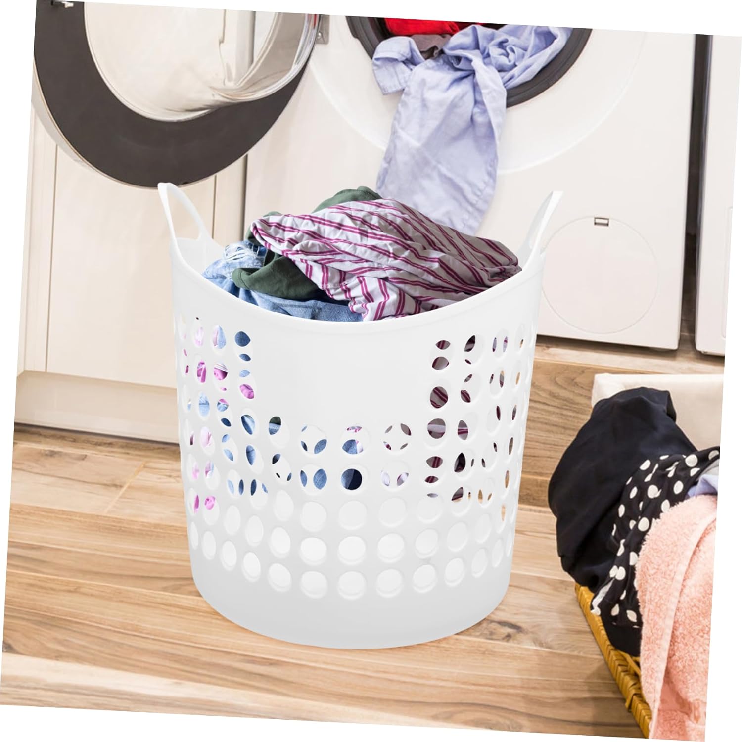 Healifty Plastic Laundry Basket with Handle Hollow Clothes Storage Hamper for Bathroom and Bedroom Portable Round Laundry Bin for Dirty Clothing and Organizer Smooth Surface Design