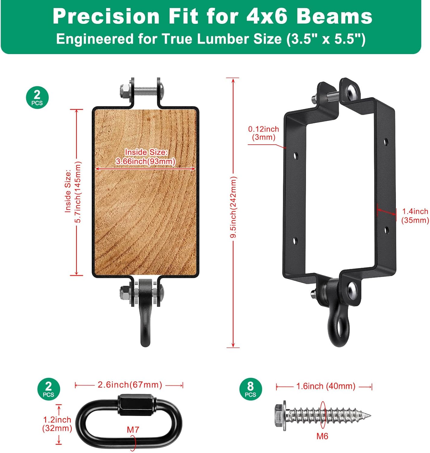 SELEWARE Heavy Duty Swing Hangers, 800lb Capacity Swing Set Accessories for 4x6 Wood Beam, Rust-Proof Metal Porch Swing Hanger for Playground, Porch Swing, Hammock & Punching Bag (Black, 2 Pcs)