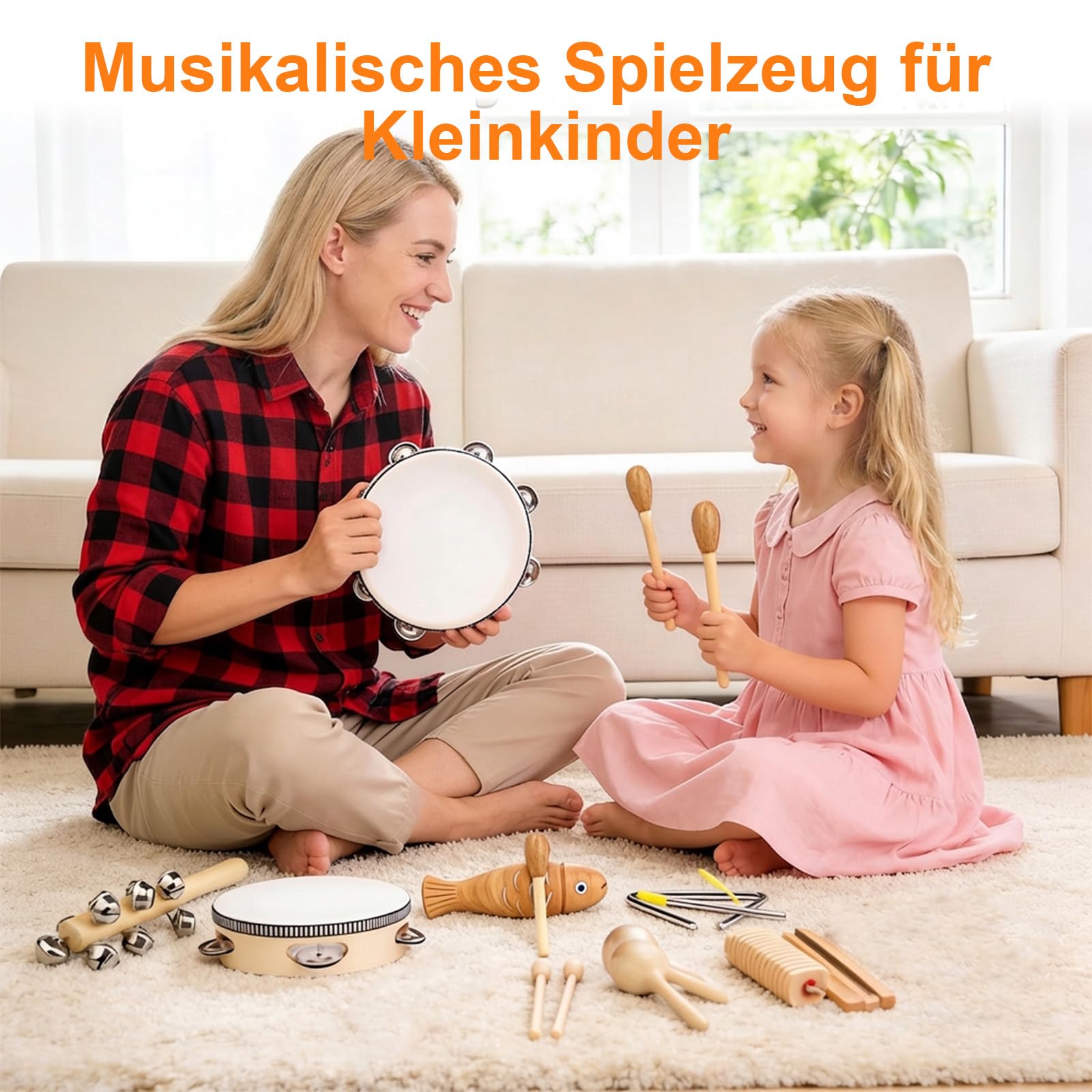 14-TLG Musikinstrumente Set für Rhythmik & Musikalische Früherziehung, Musik-Set aus Holz mit Maracas, Handglocken, Tamburin, Triangel, Holz-Guiro, mehr & praktischer Aufbewahrungstasche