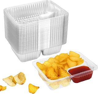 100 Pcs 12oz 6.5''x5'' Plastic Nacho Trays, Small Disposable Tray for Nachos & Cheese Dip, Clear Nacho Containers for Chip, 2 Compartment Movie Night Snack Trays Great for Snacks, Fair Foods