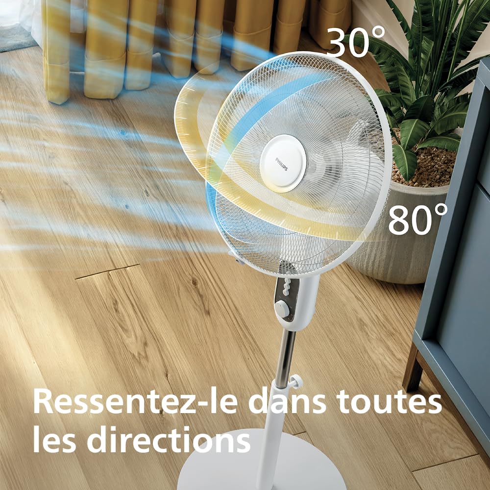 PHILIPS Ventilateur sur pied Série 1000 - Puissant et silencieux, 38 dB, Hauteur réglable, Inclinable et rotatif, Minuterie, Blanc (CX1220/00)