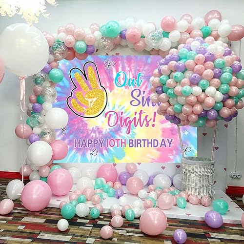 Miniatura 5 de Out - Telón de fondo de un solo dígito de feliz cumpleaños número 10, arco iris, teñido anudado, fondo de fotografía para niñas, decoración de