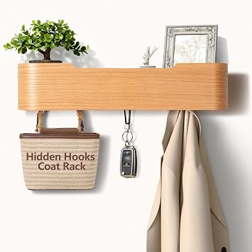 Coat Rack Wall Mount with Hidden Hooks Modern Key Holder Wood Entryway Hook with Shelf for Bedroom Kitchen Hallway Bathroom Designed for Hanging Coats Hats Bags Towels Dog LeasheOak,4 Hooks