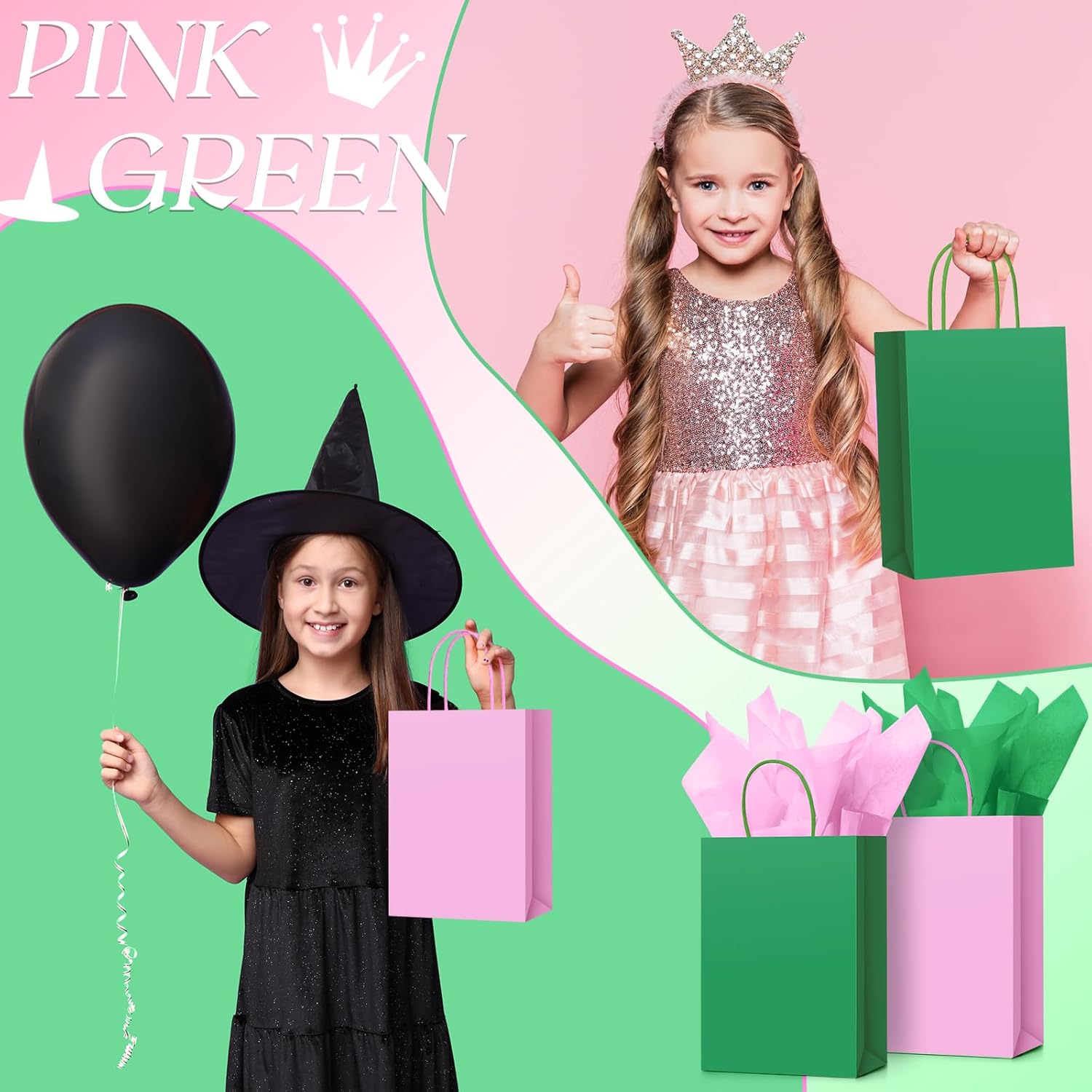 Geyoga 36 Pack Pink and Green Party Decorations Party Gift Bags with Handle Tissue Paper 8.3 x 5.9 x 3.15 Inches Witch and Princes Treat Bags Witch Theme Supplies - Image 7