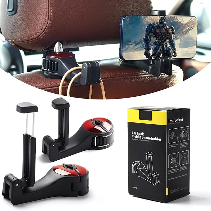 GREATEE 2 Pack Car Headrest Hidden Hook with Phone Holder, Car Back Seat Hooks for Purses and Backpacks, 2 in 1 Universal Upgraded 360° Rotation Headrest Hooks for Car Seats (Red)