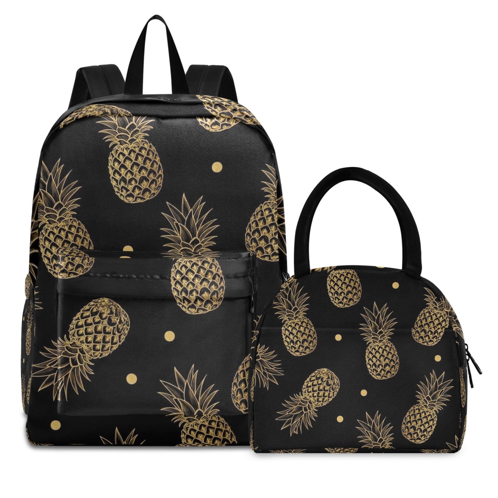 RPLIFE Kids Backpack Set, Golden Pineapples Gold Dots Black Backpack with Lunchbox, Backpacks Elementary
