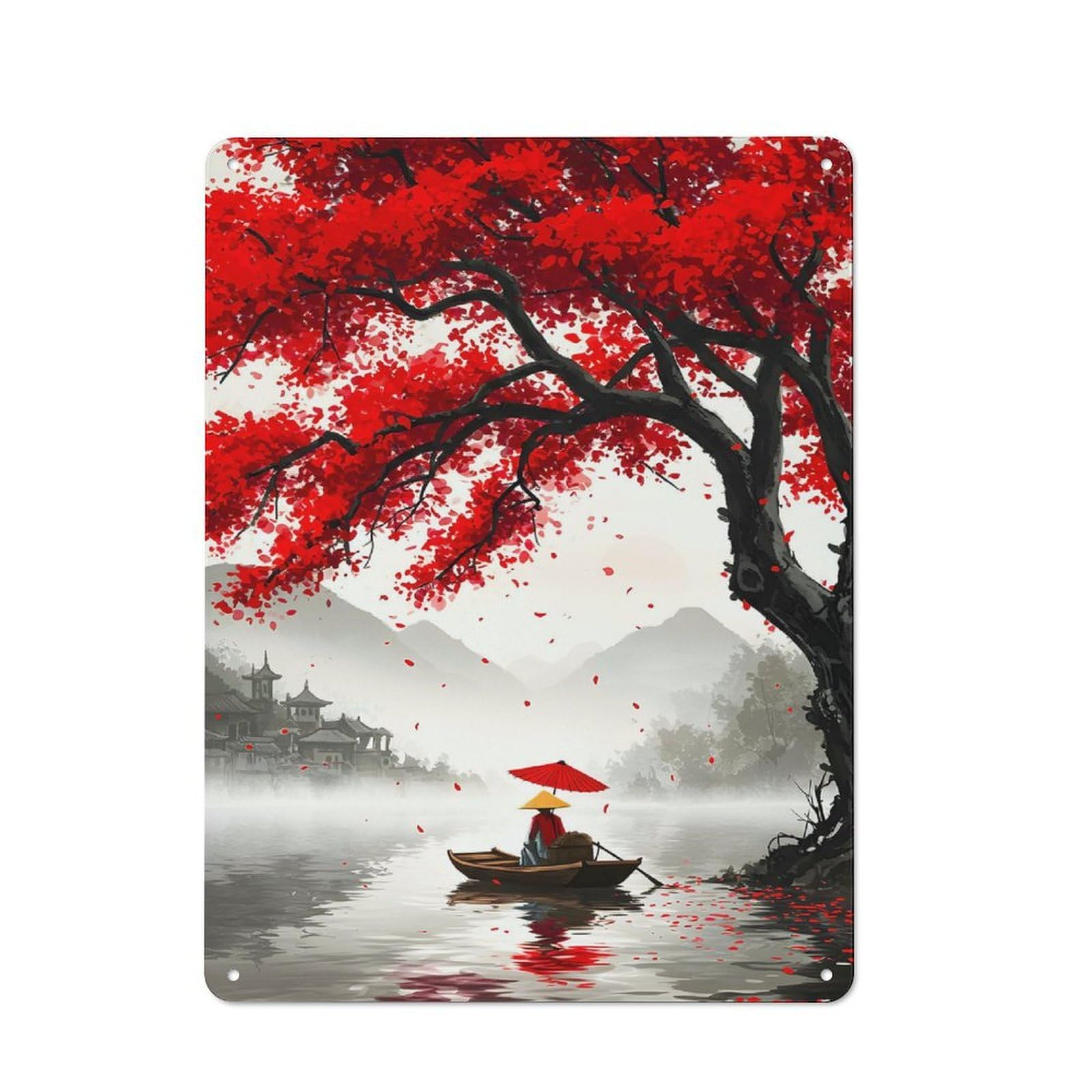 Junmoney Style-10 Japanese Lake Scene With Red Tree Rustic Tin Wall Plaque 40X30cm For Hobby Room Or Studio, A New Home Present For Creative Interior Collectors