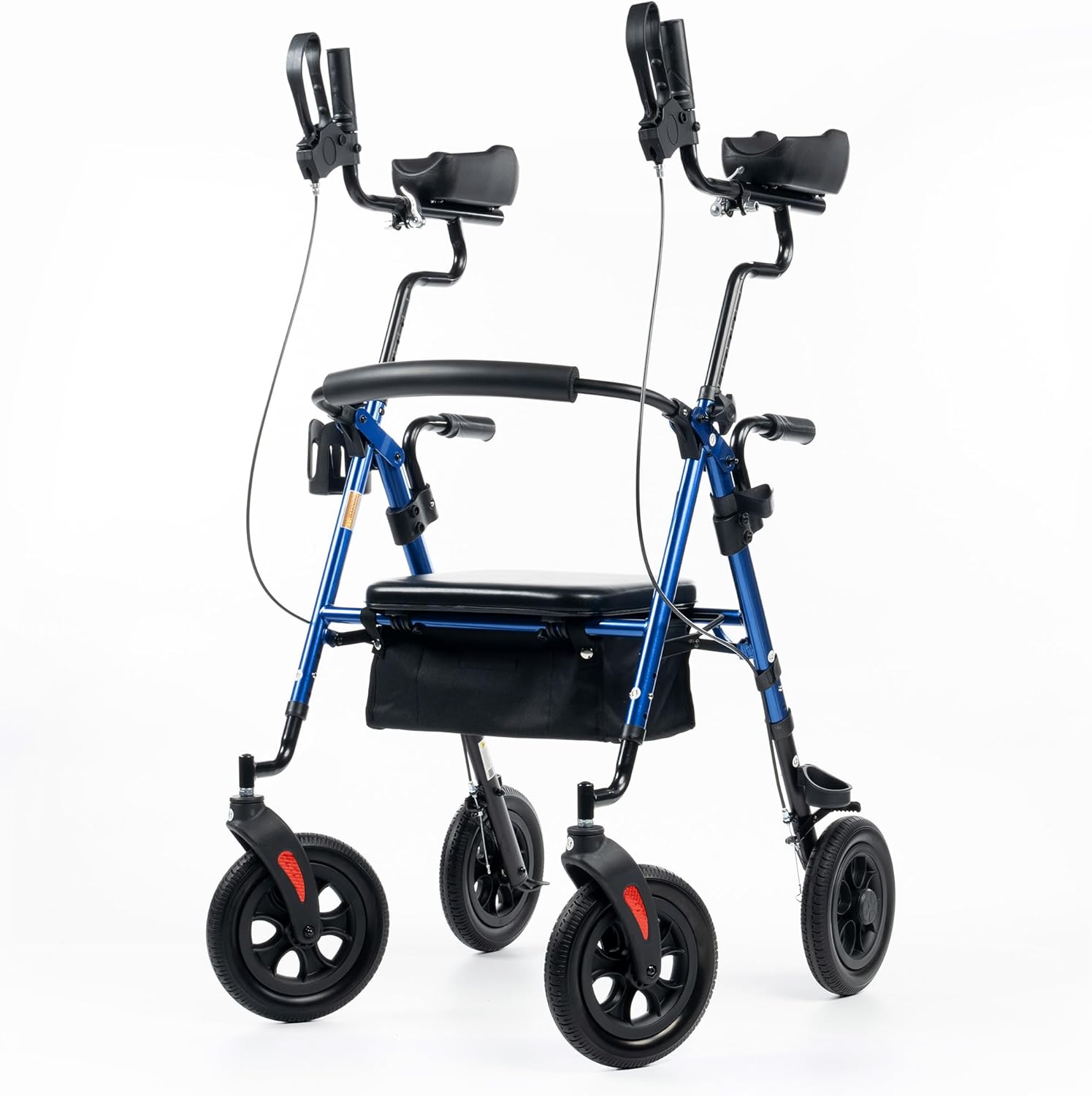 ELENKER Upright Rollator Walker, blue color, with adjustable armrests, seat, and storage basket.