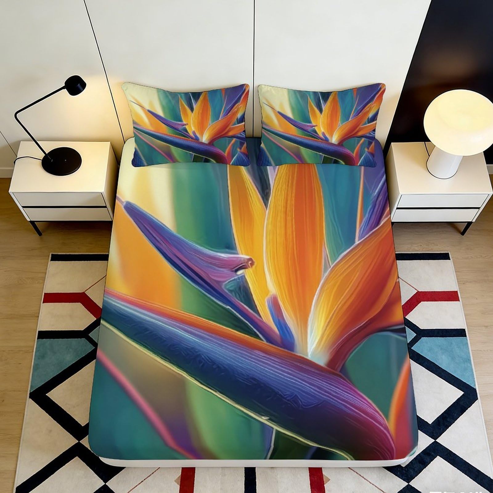 3D Printed Tropical Bird of Paradise Fitted Sheet Microfiber Vibrant Abstract Floral Bed Cover for Bedroom Decor 90x200x25cm