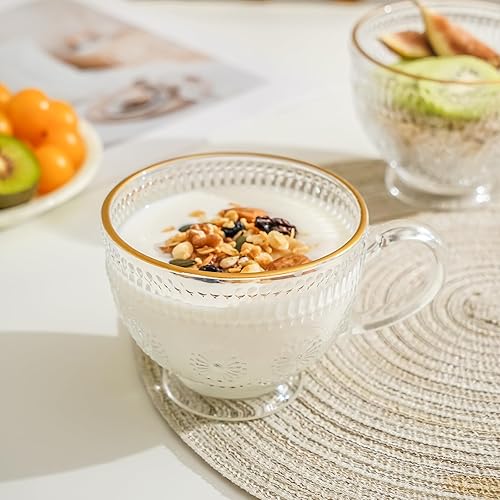 Miniatura 5 de Juego de 2 tazas de café de vidrio vintage, taza de té en relieve de 13.5 onzas, cristalería vintage para el desayuno, ideal para leche, café,