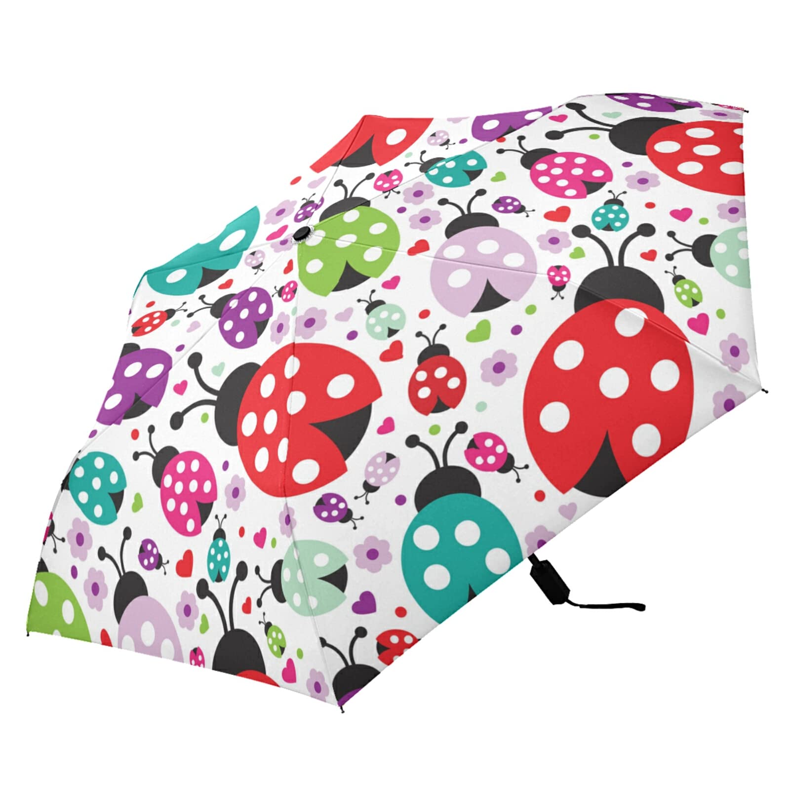 Oyihfvs Seamless Colorful Ladybugs on White Parasol Folding Umbrella, Reinforced Windproof Waterproof, Portable Compact Anti-UV Sun Rain Protection for Travel Outdoor