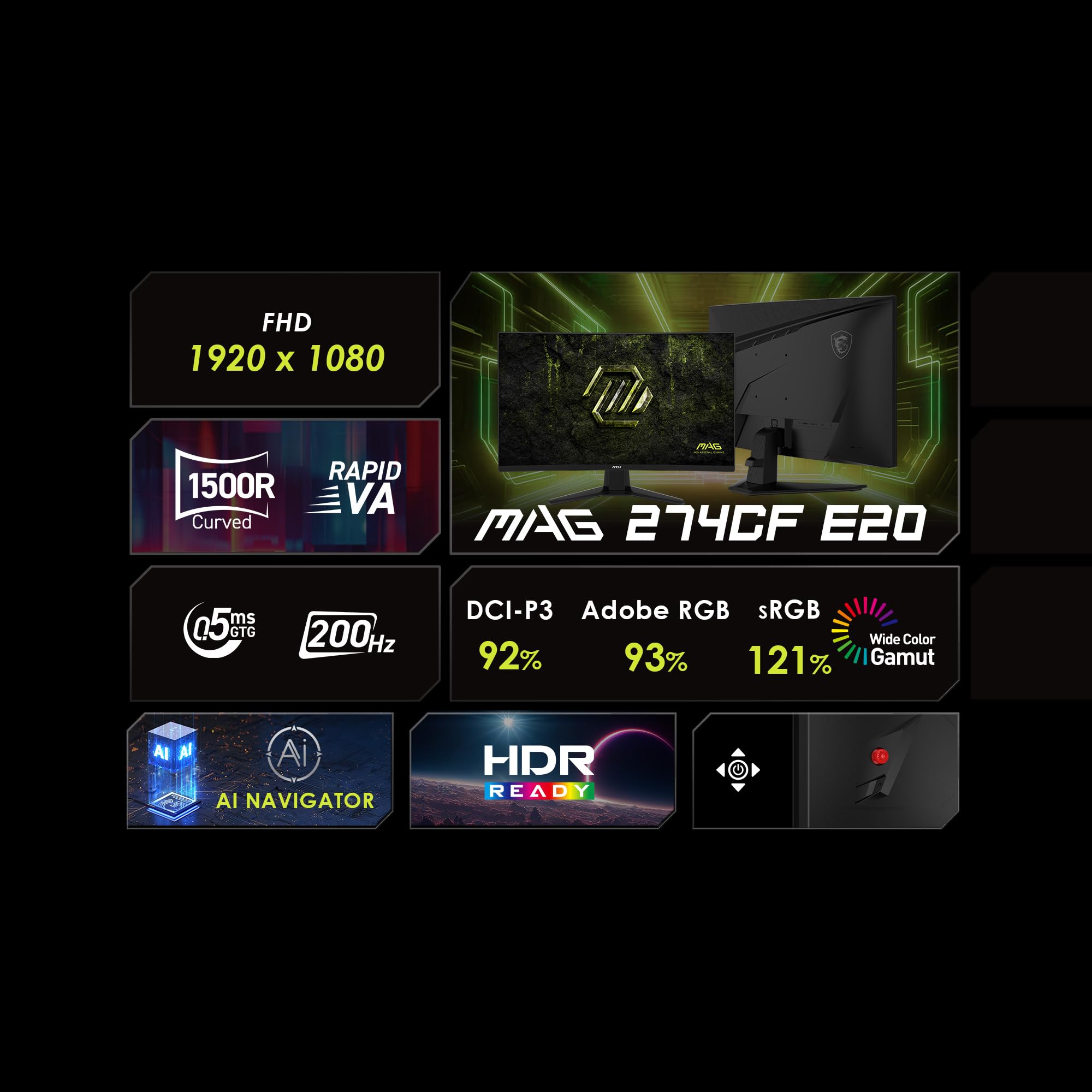 msi MAG 274CF E20 Moniteur de Jeu 27" 1920 x 1080 (FHD), 200 Hz, AMD FreeSync Premium, HDMI, DisplayPort, VESA, Inclinaison réglable, 0,5 ms, Noir